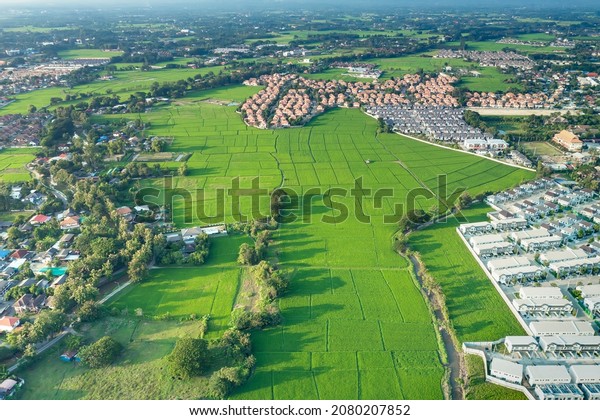 Land or landscape of green field in aerial
view. Include agriculture farm, house building, village. That real
estate or property. Plot of land to housing subdivision,
development, sale or
investment.
