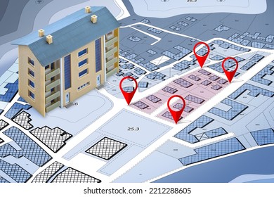 Land Management Concept With An Imaginary Cadastral Map Of Territory With A Vacant Land Available For Sale Or Building Construction
