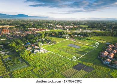 Land plot in aerial view. Gps registration survey of property, real estate for map with location, area. Concept for residential construction, development. Also home or house for sale, buy, investment. - Shutterstock ID 1770696392