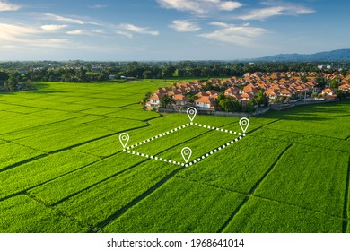 Land plot in aerial view. Gps registration survey of property, real estate for map with location, area. Concept for residential construction, development. Also home or house for sale, buy, investment. - Shutterstock ID 1968641014