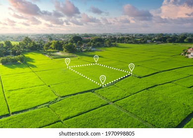 Land plot in aerial view. Gps registration survey of property, real estate for map with location, area. Concept for residential construction, development. Also home or house for sale, buy, investment. - Shutterstock ID 1970998805