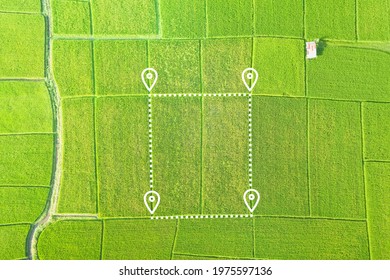 Land Plot In Aerial View. Gps Registration Survey Of Property, Real Estate For Map With Location, Area. Concept For Residential Construction, Development. Also Home Or House For Sale, Buy, Investment.