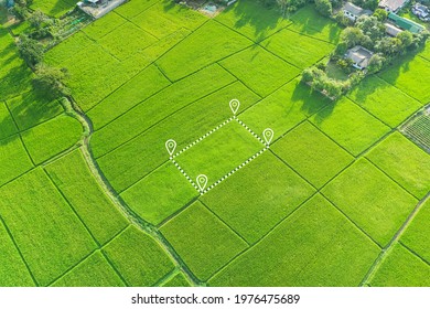 Land plot in aerial view. Gps registration survey of property, real estate for map with location, area. Concept for residential construction, development. Also home or house for sale, buy, investment. - Shutterstock ID 1976475689