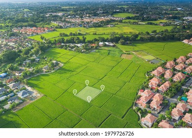 Land plot in aerial view. Gps registration survey of property, real estate for map with location, area. Concept for residential construction, development. Also home or house for sale, buy, investment. - Shutterstock ID 1979726726