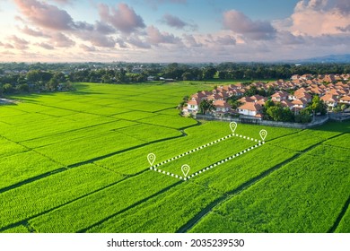 Land plot in aerial view. Gps registration survey of property, real estate for map with location, area. Concept for residential construction, development. Also home or house for sale, buy, investment. - Shutterstock ID 2035239530