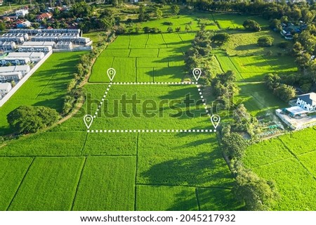 Land plot in aerial view. Gps registration survey of property, real estate for map with location, area. Concept for residential construction, development. Also home or house for sale, buy, investment.