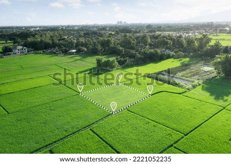 Land plot in aerial view. Gps registration survey of property, real estate for map with location, area. Concept for residential construction and development. Also home, house for sale, buy, purchase.