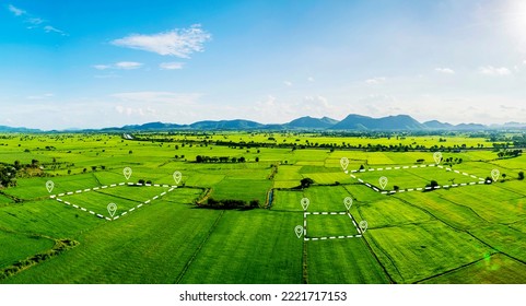 Land plot in aerial view. Identify registration symbol of vacant area for map. That property, real estate for business of home, house or residential i.e. construction, development, sale, rent, buy.