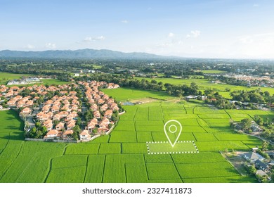 Land plot in aerial view. Identify registration symbol of vacant area for map. Real estate or property for business of home, house or residential i.e. construction, development, sale, buy, investment.