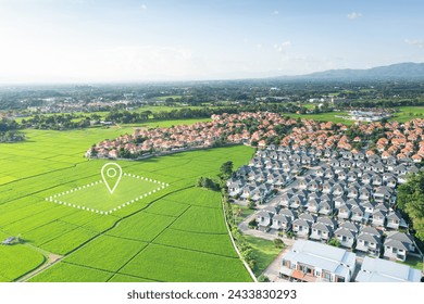Land plot in aerial view. Identify registration symbol of vacant area for map. Real estate or property for business of home, house or residential i.e. development, sale, rent, buy or purchase.