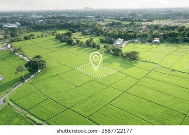 Land plot in aerial view. Identify registration symbol of vacant area for map. Real estate or property for business of home, house or residential i.e. construction, development, sale, buy, investment.