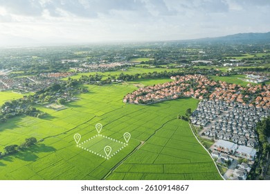 Land plot in aerial view. Identify registration symbol of vacant area for map. Real estate or property for business of home, house or residential i.e. construction, development, sale, rent, buy.