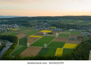 Land plot in aerial view. Identify registration symbol of vacant area for map. That property, real estate for business of home, house or residential i.e. development, sale, rent, buy or investment.