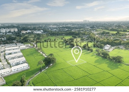 Land plot in aerial view. Identify registration symbol of vacant area for map. Real estate or property for business of home, house or residential i.e. construction, development, sale, buy, investment.