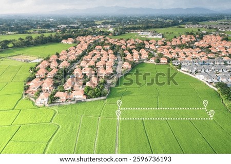 Land plot in aerial view. Identify registration symbol of vacant area for map. Real estate or property for business of home, house or residential i.e. sale, rent, buy, purchase or investment.