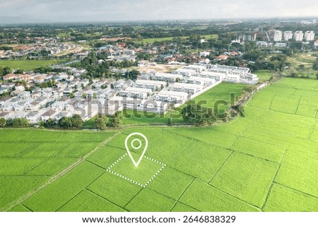 Land plot in aerial view. Identify registration symbol of vacant area for map. Real estate or property for business of home, house or residential i.e. construction, development, sale, buy, investment.