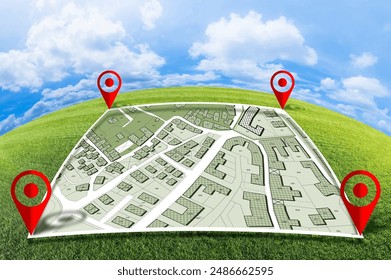 LAND PLOT MANAGEMENT - BUILDING PERMIT CONCEPT with imaginary General Urban, zoning regulations, destinations, land use, buildable areas and free building land plot on cadastral map