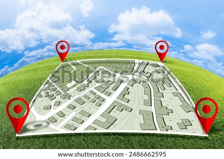 LAND PLOT MANAGEMENT - BUILDING PERMIT CONCEPT with imaginary General Urban, zoning regulations, destinations, land use, buildable areas and free building land plot on cadastral map
