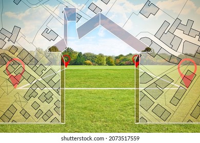 Land plot management - Imaginary city map with buildings, land parcels and home silhouette - real estate concept with a vacant land on a green field available for building construction - Shutterstock ID 2073517559