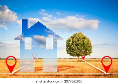 Land plot management - real estate concept with a vacant land, lone tree on a wheat field available for building construction and housing development in a residential area for sale with small house