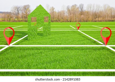 Land Plot Management - Real Estate Concept With A Vacant Land On A Green Field Available For Building Construction With A Green Home Icon