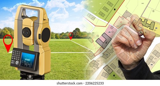 Land Plot Management - Real Estate Concept With A Vacant Land Available For Building Construction And Housing In A Residential Area With A Geodesic Device, Called Total Station