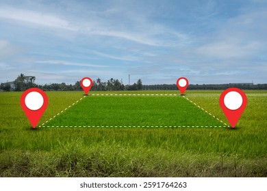 Land plot management - real estate concept with a vacant land on a green field available for building construction and housing subdivision in a residential area for sale, rent, buy or investment