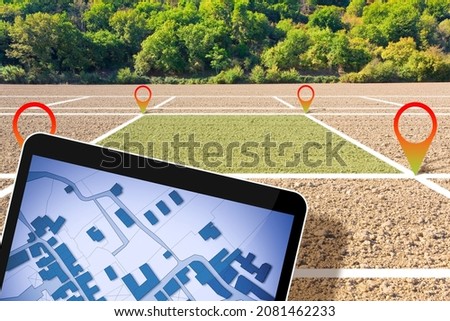 Land plot management - real estate concept with a vacant land on a plowed agricultural field available for building construction and housing subdivision for sale, rent, buy or investment