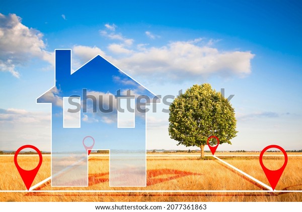 Land plot management - real estate concept with a\
vacant land, lone tree on a wheat field available for building\
construction and housing development in a residential area for sale\
with small house