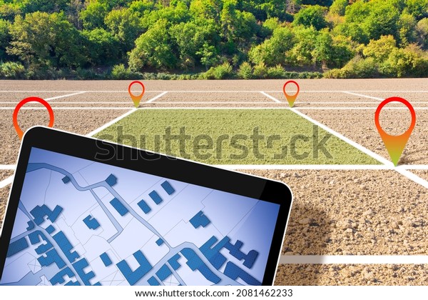 Land plot management - real estate concept\
with a vacant land on a plowed agricultural field available for\
building construction and housing subdivision for sale, rent, buy\
or investment