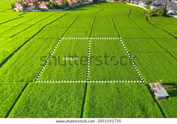Land for sale and investment in aerial view.\
Include green field, agriculture farm, residential house building,\
village. That real estate or property. Plot of land lot for\
subdivision or\
development.