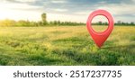 Land for sale with location pin icon on earth and green grass in real estate sale or property investment concept, Buying new home for family - 3d of big advertising sign. Land plot management.