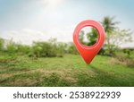 Land for sale with location pin icon on earth and green grass in real estate sale or property investment concept, Buying new home for family - 3d of big advertising sign. Land plot management.