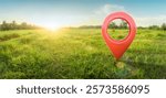 Land for sale with location pin icon on earth and green grass in real estate sale or property investment concept, Buying new home for family - 3d of big advertising sign. Land plot management.