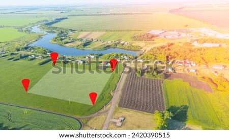 Land Survey Plan, Land plot management - real estate concept with a vacant land on a green field available for building construction.