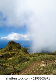 Land View From The Top Of La Soufrière, Guadeloupe, Blue Sky With Fog