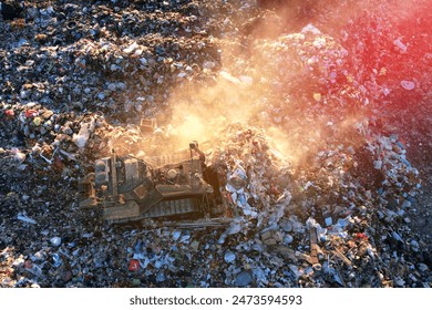 Landfill with rubbish, drone view. Landfill waste disposal. Garbage dump, waste plastic. Reduce greenhouse, methane emissions. Mustard gas among toxic waste in landfill. Dozer on Garbage dump. - Powered by Shutterstock