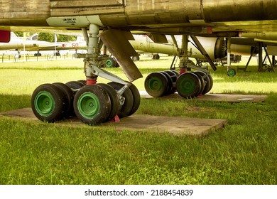 Landing Gear Of A Large Military Aircraft Close-up. High Quality Photo