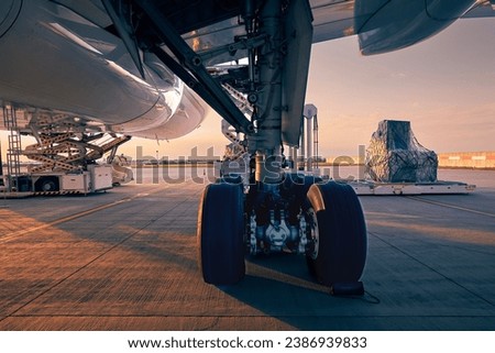 Landing gear of large plane. Preparation cargo airplane before flight at beautiful sunset. Unloading and loading of freight containers at airport.	
