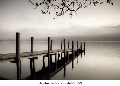 A landing jetty at Derwent water on a misty Autumn morning - Powered by Shutterstock