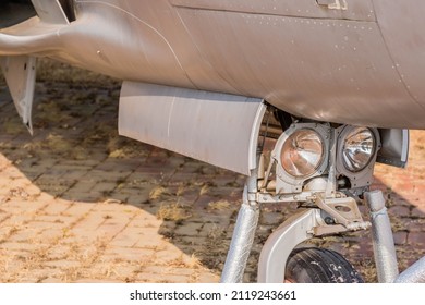 Landing Lights Installed Over Front Landing Gear Of Military Aircraft On Display In Public Park.