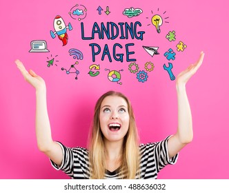 Landing Page concept with young woman reaching and looking upwards