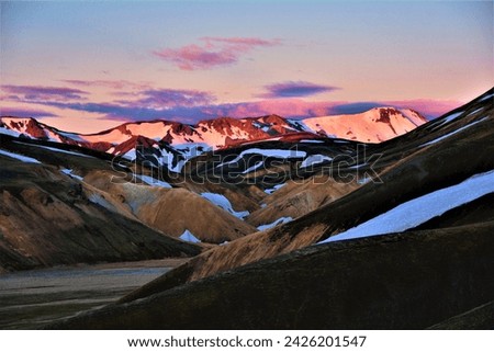Landmannalaugar at the crack of dawn, it's a location in Iceland's Fjallabak Nature Reserve in the Highlands (on the edge of the Laugahraun lava field, at the northern end of Laugavegur hiking trail)