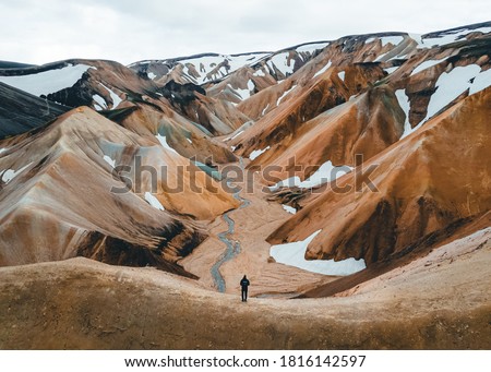 Landmannalaugar rainbow mountains from the birds eye view. Drone photography in the Highlands of Iceland. Tourism in Iceland