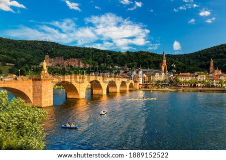 Landmark and beautiful Heidelberg town with Neckar river, Germany. Heidelberg town with the famous Karl Theodor old bridge and Heidelberg castle, Heidelberg, Germany. 