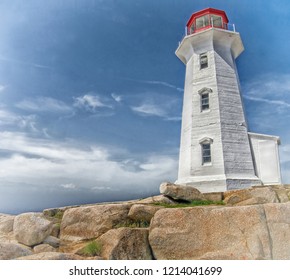 The landmark lighthouse at Peggys Cove, Nova Scotia, Canada.