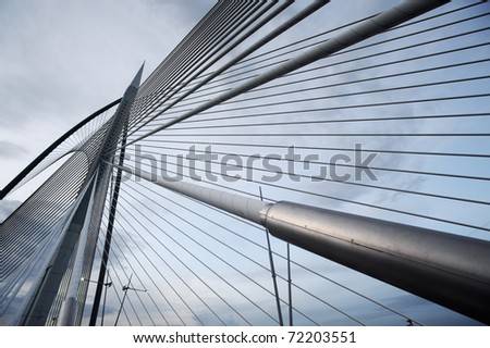 Landmark of modern silver steel bridge at dusk in Putrajaya, Malaysia. Asia
