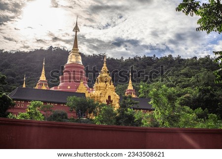 Landmark Sunrise with sky at Wat Phra That Doi Phra Chan on the top hill of Doi Phra Chan mountain in Mae Tha, Lampang province, Thailand