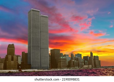 Landmark Of The Twin Towers At Colorful Sunset Sky. Archival And Historical Cityscape Of New York Skyline From New Jersey. Lower Manhattan In NYC, United States.