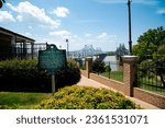 Landmark Vicksburg battlefield siege and Twin Bridge, cantilever, railroad bridges carrying Interstate 20 US Route 80 across northernmost crossing Mississippi River, USA. Summer sunny cloud blue sky